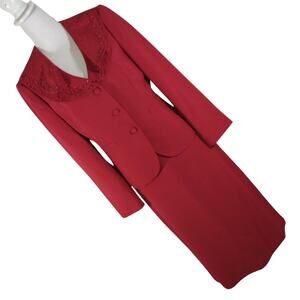 EMILY! RAVISHING RED SEQUIN & BEAD DETAILED  DUAL COLLAR 2 PC SKIRT SUIT SET! 10